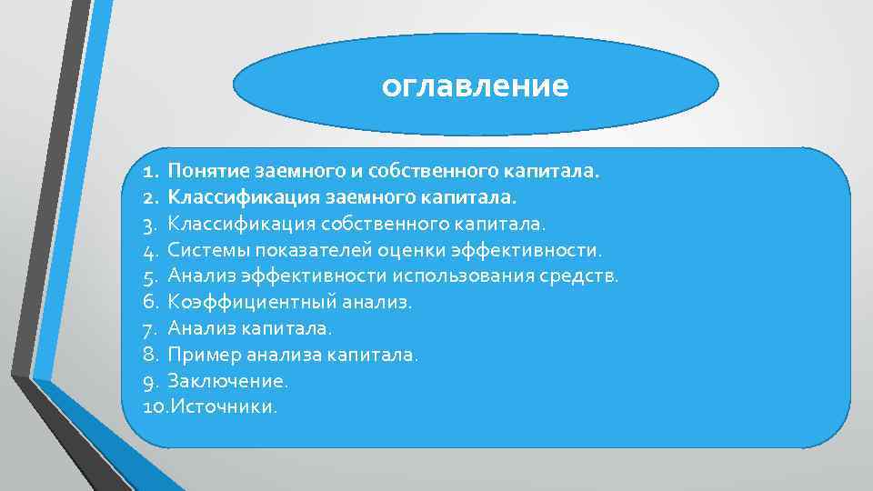 оглавление 1. Понятие заемного и собственного капитала. 2. Классификация заемного капитала. 3. Классификация собственного