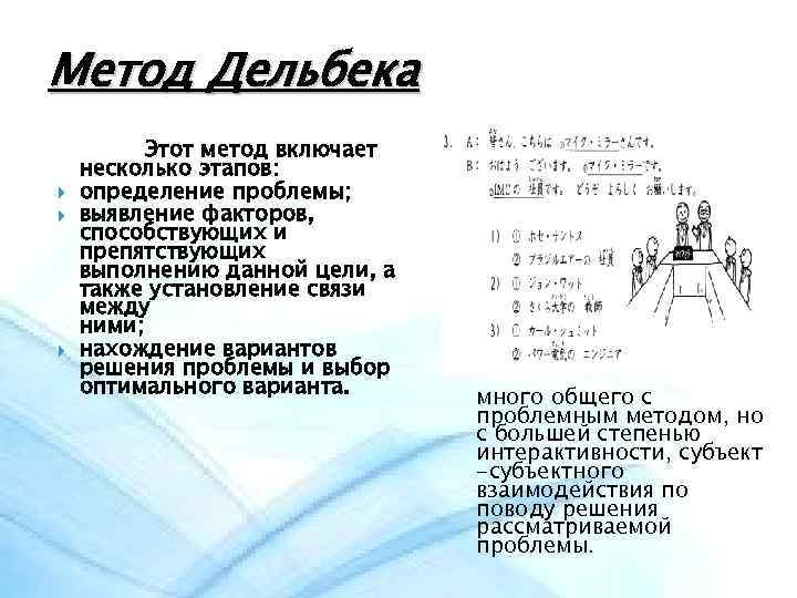 Метод Дельбека Этот метод включает несколько этапов: определение проблемы; выявление факторов, способствующих и препятствующих