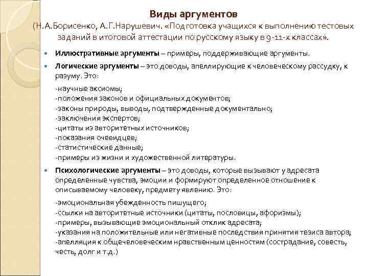 Виды аргументов (Н. А. Борисенко, А. Г. Нарушевич. «Подготовка учащихся к выполнению тестовых заданий
