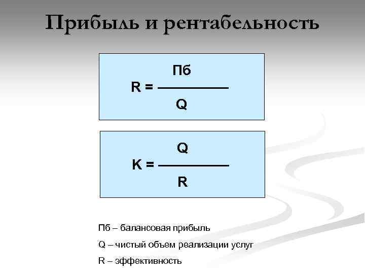 Прибыль и рентабельность Пб R = ————— Q Q K = ————— R Пб