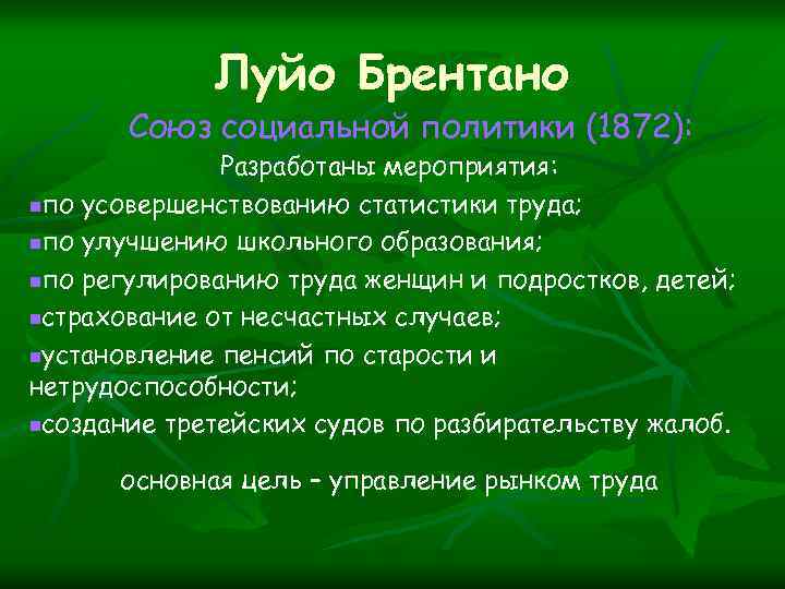 Луйо Брентано Союз социальной политики (1872): Разработаны мероприятия: nпо усовершенствованию статистики труда; nпо улучшению