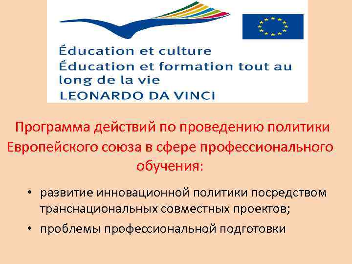 Программа действий по проведению политики Европейского союза в сфере профессионального обучения: • развитие инновационной