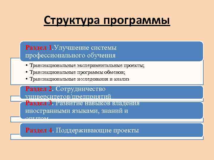 Структура программы Раздел 1. Улучшение системы профессионального обучения • Транснациональные экспериментальные проекты; • Транснациональные