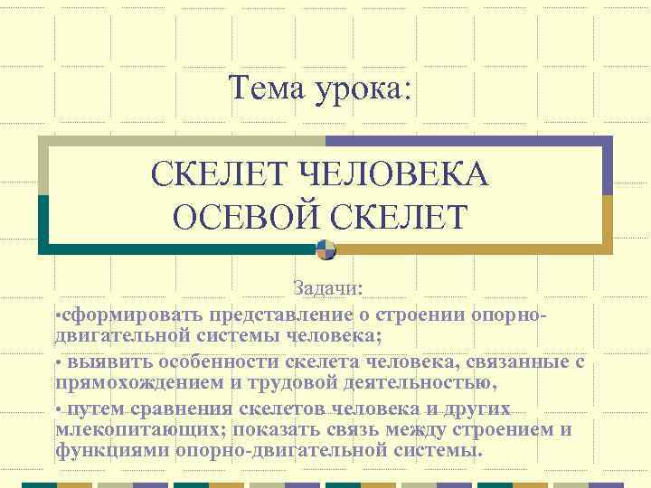 Тема урока: СКЕЛЕТ ЧЕЛОВЕКА ОСЕВОЙ СКЕЛЕТ Задачи: • сформировать представление о строении опорнодвигательной системы