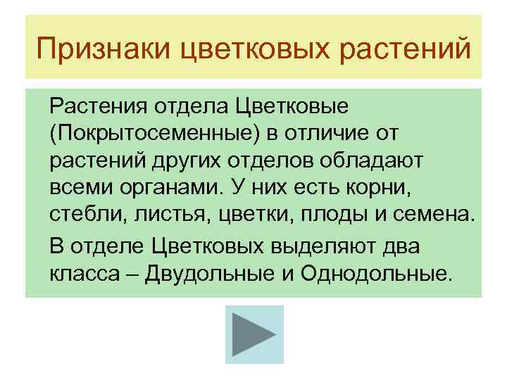 Признаки цветковых растений Растения отдела Цветковые (Покрытосеменные) в отличие от растений других отделов обладают