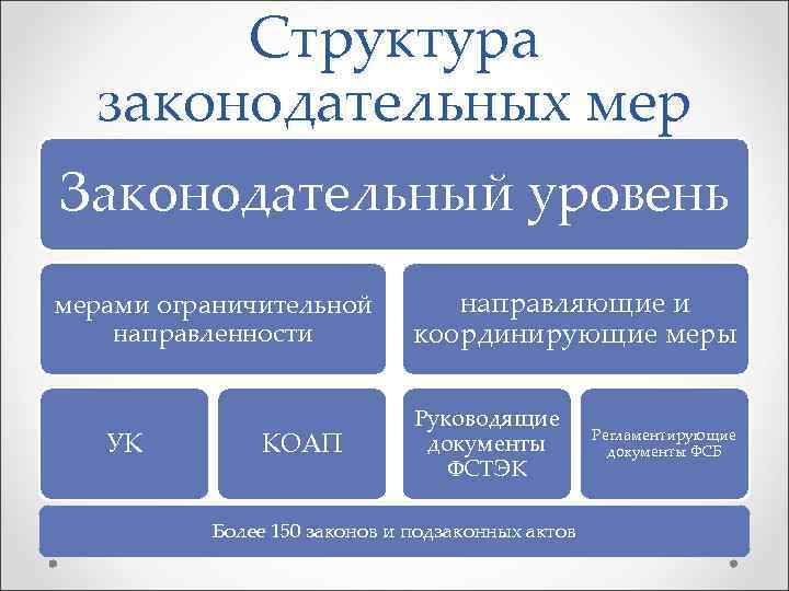 Структура законодательных мер Законодательный уровень мерами ограничительной направленности УК КОАП направляющие и координирующие меры