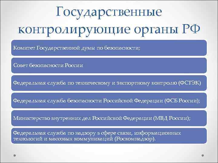 Государственные контролирующие органы РФ Комитет Государственной думы по безопасности; Совет безопасности России Федеральная служба