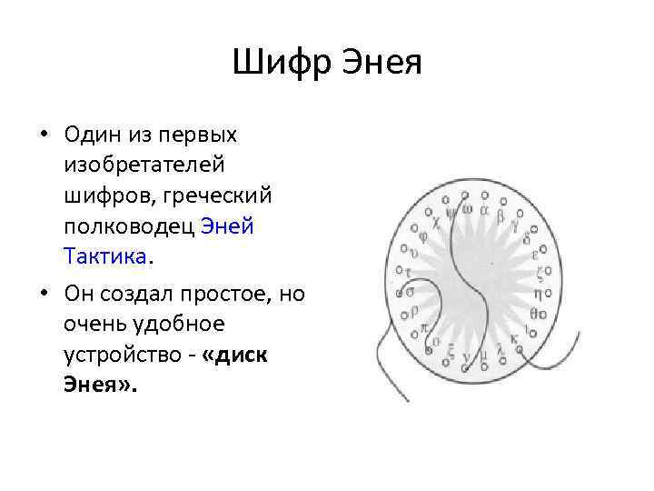 Шифр Энея • Один из первых изобретателей шифров, греческий полководец Эней Тактика. • Он