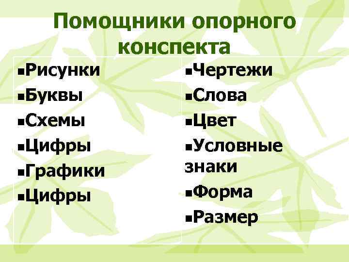 Помощники опорного конспекта Рисунки n. Буквы n. Схемы n. Цифры n. Графики n. Цифры