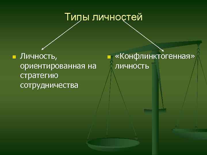 Типы личностей n Личность, ориентированная на стратегию сотрудничества n «Конфлинктогенная» личность 