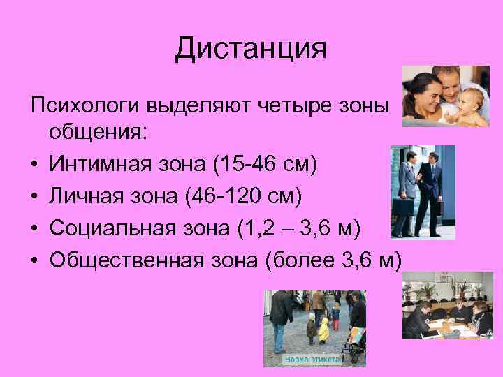 Дистанция Психологи выделяют четыре зоны общения: • Интимная зона (15 -46 см) • Личная