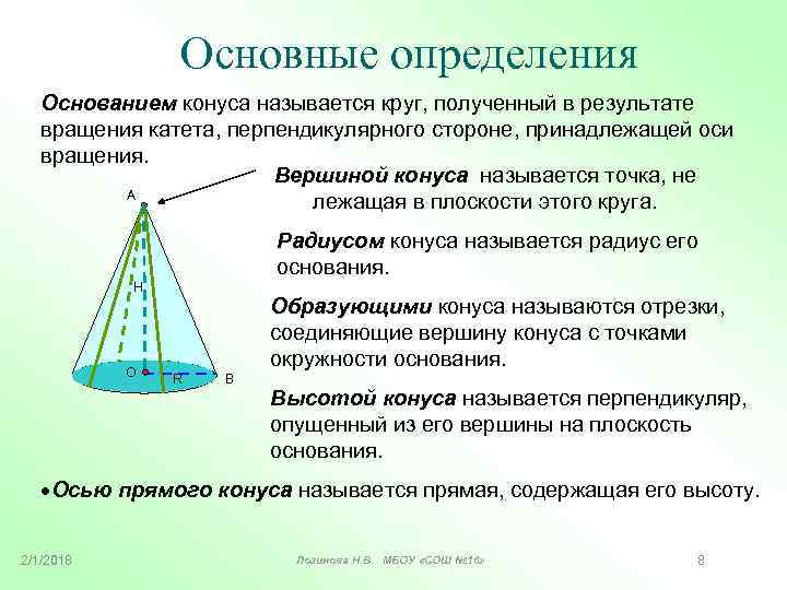 Основные определения Основанием конуса называется круг, полученный в результате вращения катета, перпендикулярного стороне, принадлежащей