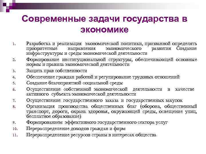 Современные задачи государства в экономике 1. 2. 3. 4. 5. 6. 7. 8. 9.