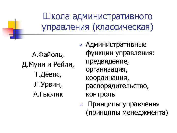 Школа административного управления (классическая) v А. Файоль, Д. Муни и Рейли, Т. Девис, Л.