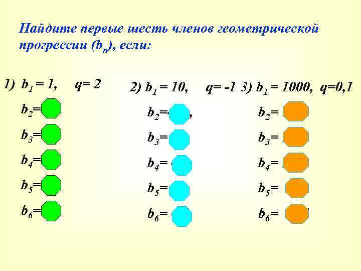 Найдите первые шесть членов геометрической прогрессии (bn), если: 1) b 1 = 1, q=