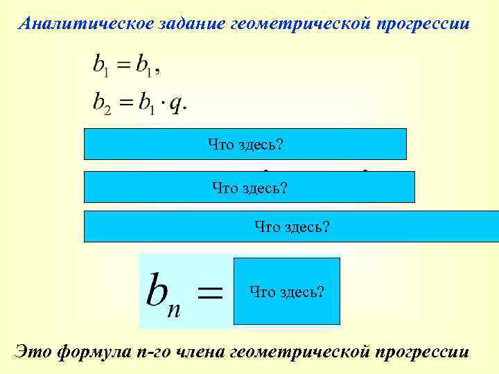 Аналитическое задание геометрической прогрессии Что здесь? Это формула n-го члена геометрической прогрессии 