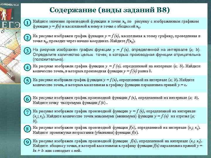 Содержание (виды заданий В 8) 1 Найдите значение производной функции в точке х0 по