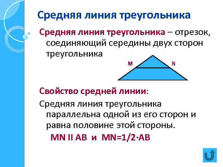 Средняя линия треугольника – отрезок, соединяющий середины двух сторон треугольника M N Свойство средней