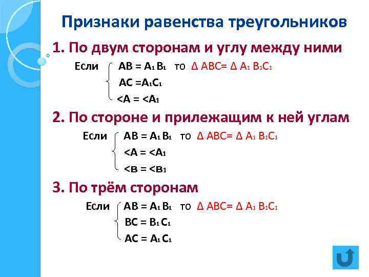 Признаки равенства треугольников 1. По двум сторонам и углу между ними Если АВ =