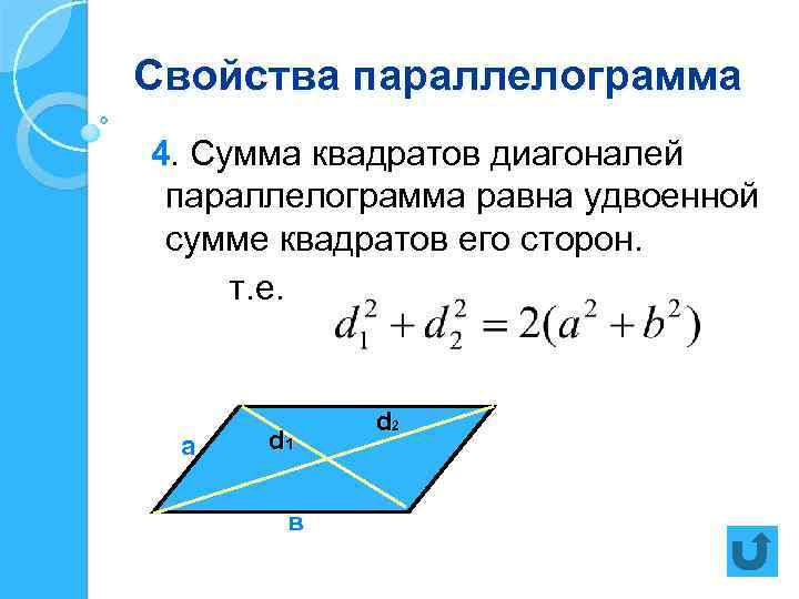 Свойства параллелограмма 4. Сумма квадратов диагоналей параллелограмма равна удвоенной сумме квадратов его сторон. т.