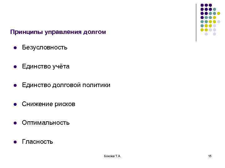 Принципы управления долгом l Безусловность l Единство учёта l Единство долговой политики l Снижение