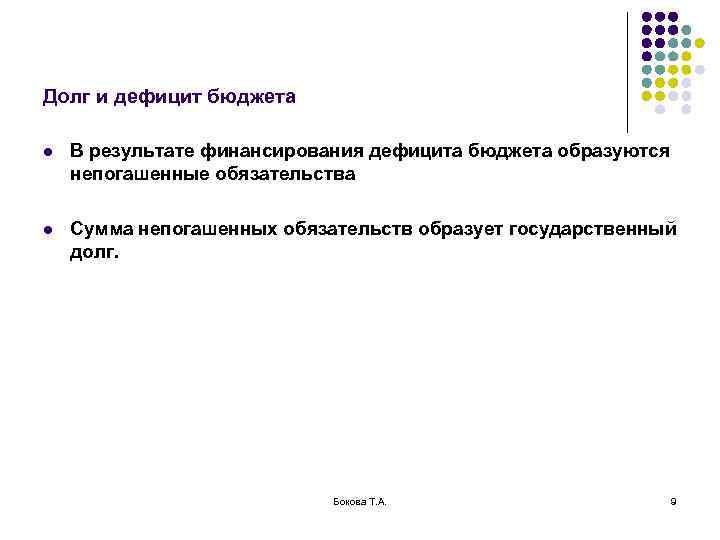 Долг и дефицит бюджета l В результате финансирования дефицита бюджета образуются непогашенные обязательства l