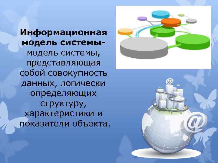 Информационная модель системы- модель системы, представляющая собой совокупность данных, логически определяющих структуру, характеристики и
