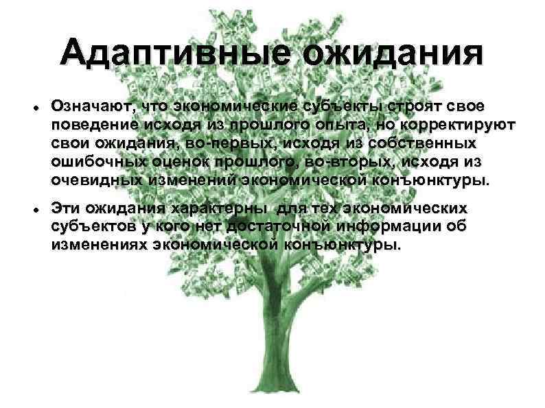 Адаптивные ожидания Означают, что экономические субъекты строят свое поведение исходя из прошлого опыта, но