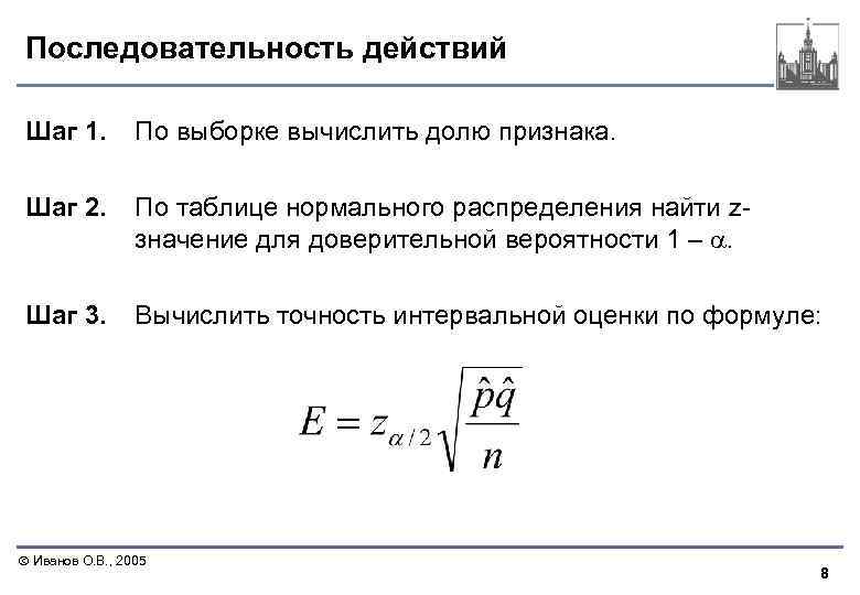 Последовательность действий Шаг 1. По выборке вычислить долю признака. Шаг 2. По таблице нормального