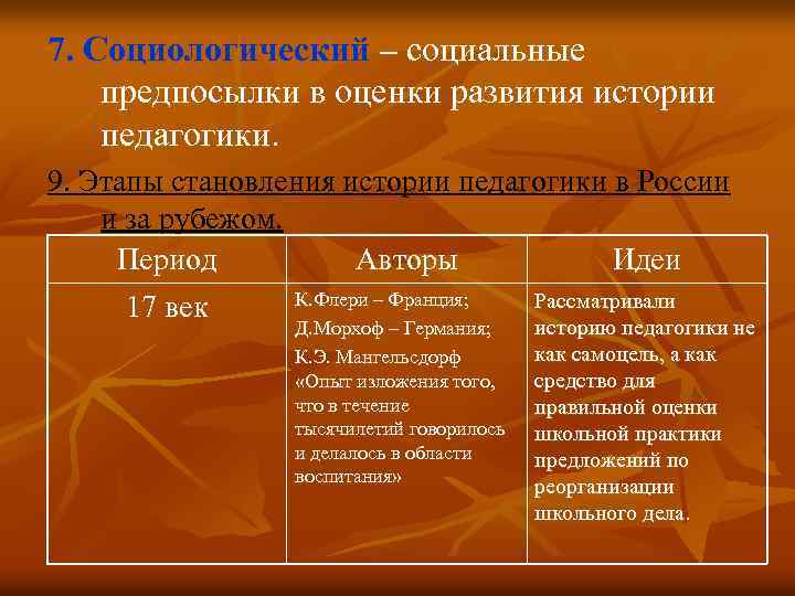 7. Социологический – социальные предпосылки в оценки развития истории педагогики. 9. Этапы становления истории
