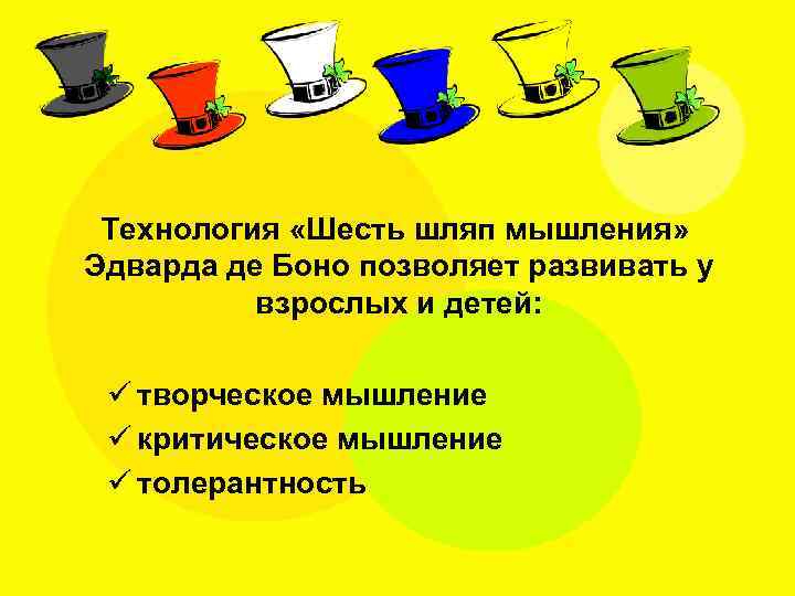 Технология «Шесть шляп мышления» Эдварда де Боно позволяет развивать у взрослых и детей: ü