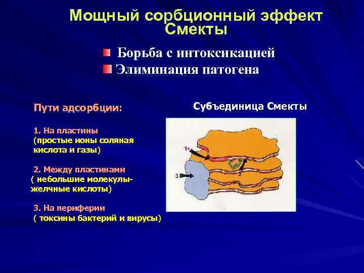 Мощный сорбционный эффект Смекты Борьба с интоксикацией Элиминация патогена Пути адсорбции: 1. На пластины