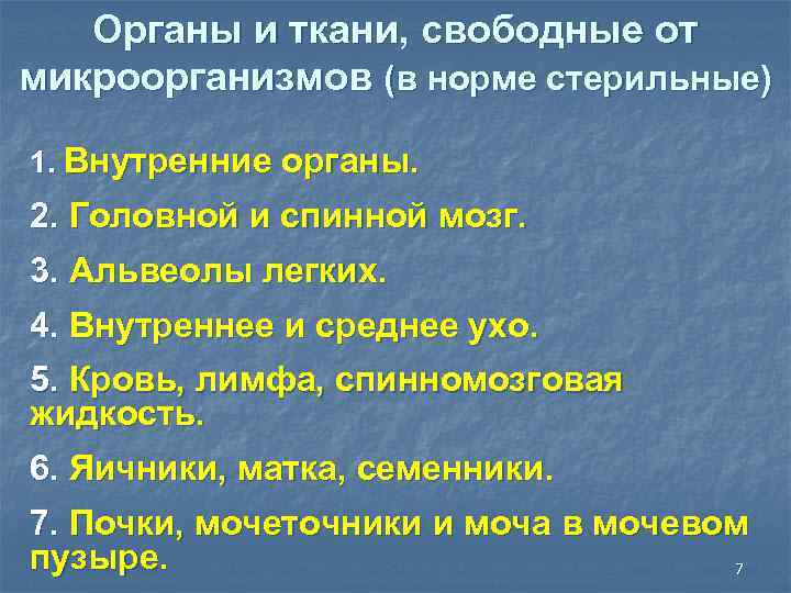 Органы и ткани, свободные от микроорганизмов (в норме стерильные) 1. Внутренние органы. 1. 2.