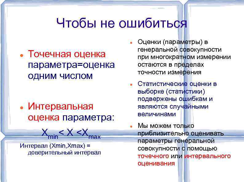Чтобы не ошибиться Точечная оценка параметра=оценка одним числом Интервальная оценка параметра: Xmin< X <Xmax