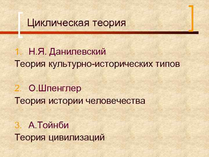 Циклическая теория 1. Н. Я. Данилевский Теория культурно-исторических типов 2. О. Шпенглер Теория истории