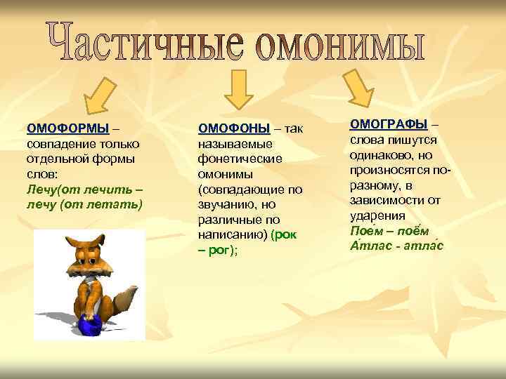 ОМОФОРМЫ – совпадение только отдельной формы слов: Лечу(от лечить – лечу (от летать) ОМОФОНЫ