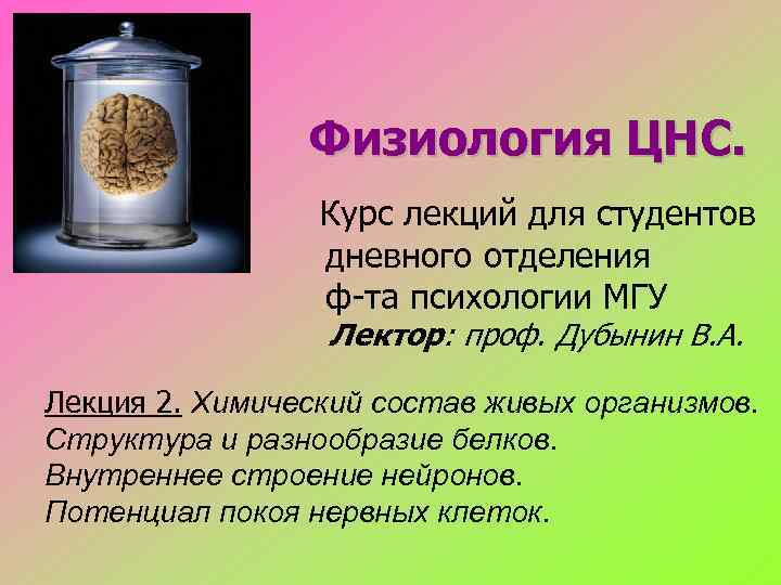 Физиология ЦНС. Курс лекций для студентов дневного отделения ф-та психологии МГУ Лектор: проф. Дубынин