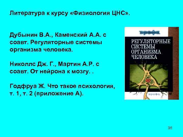Литература к курсу «Физиология ЦНС» . Дубынин В. А. , Каменский А. А. с