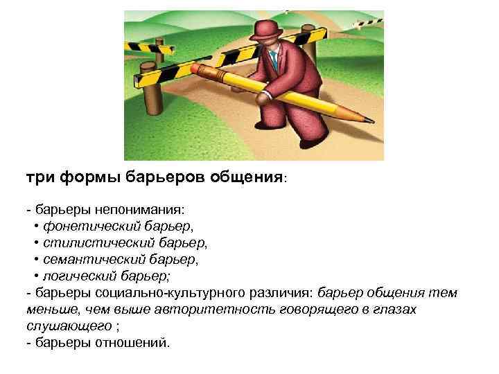 три формы барьеров общения: - барьеры непонимания: • фонетический барьер, • стилистический барьер, •