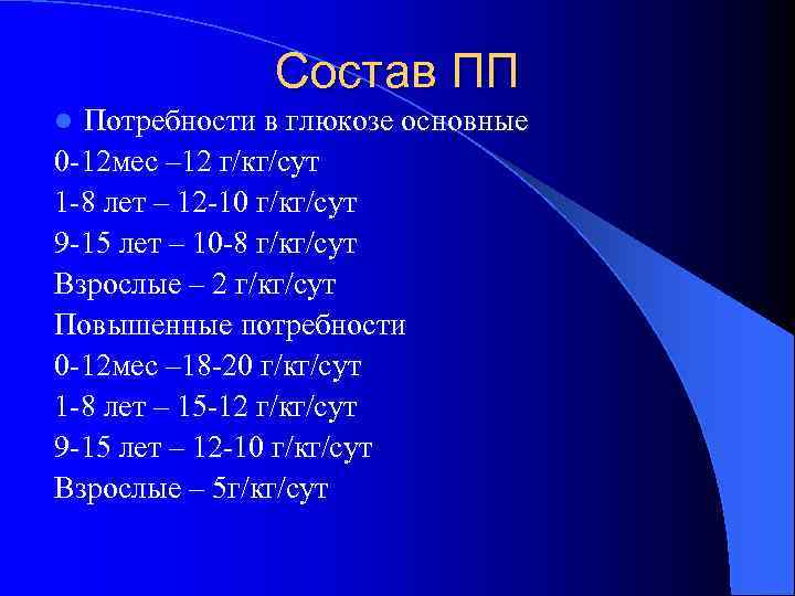Состав ПП Потребности в глюкозе основные 0 -12 мес – 12 г/кг/сут 1 -8