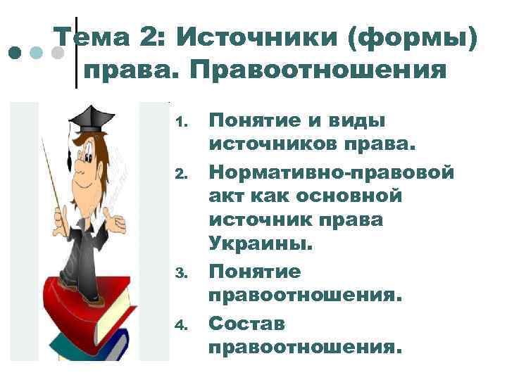 Тема 2: Источники (формы) права. Правоотношения 1. 2. 3. 4. Понятие и виды источников