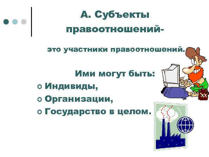 А. Субъекты правоотношенийэто участники правоотношений. Ими могут быть: ¢ Индивиды, ¢ Организации, ¢ Государство