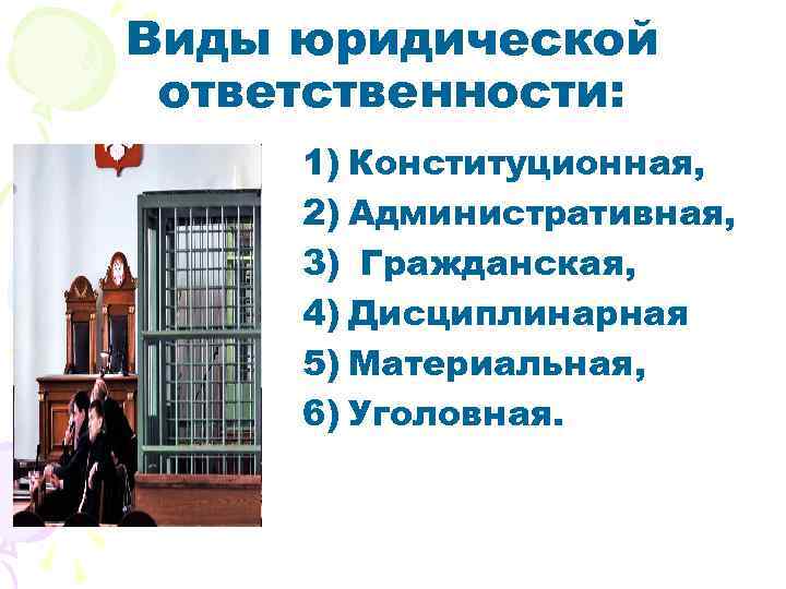 Виды юридической ответственности: 1) Конституционная, 2) Административная, 3) Гражданская, 4) Дисциплинарная 5) Материальная, 6)