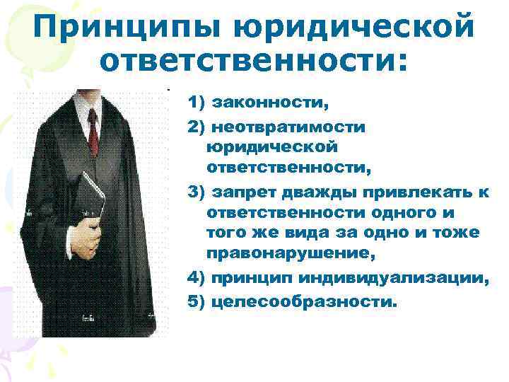 Принципы юридической ответственности: 1) законности, 2) неотвратимости юридической ответственности, 3) запрет дважды привлекать к