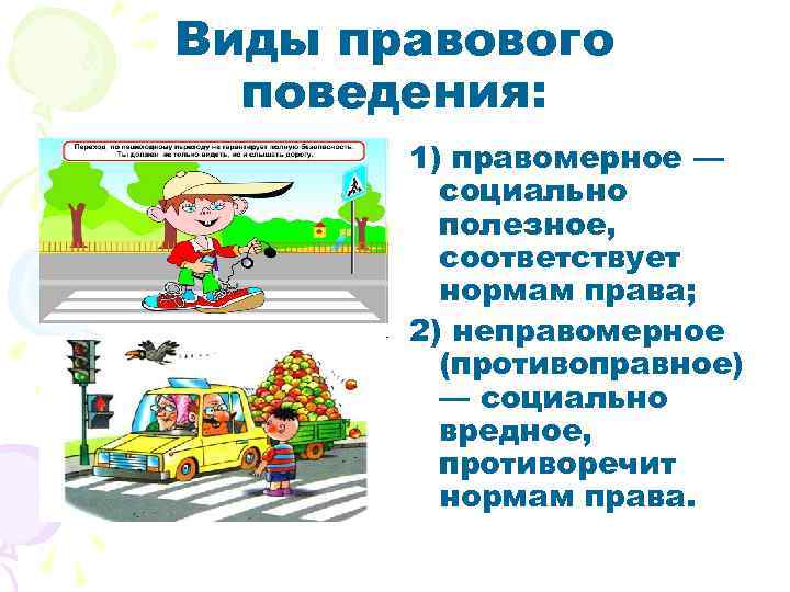 Виды правового поведения: 1) правомерное — социально полезное, соответствует нормам права; 2) неправомерное (противоправное)
