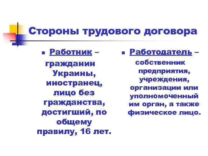 Стороны трудового договора Работник – гражданин Украины, иностранец, лицо без гражданства, достигший, по общему