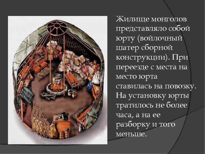 Жилище монголов представляло собой юрту (войлочный шатер сборной конструкции). При переезде с места на