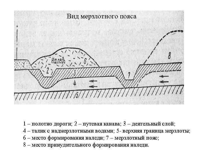 Вид мерзлотного пояса 1 – полотно дороги; 2 – путевая канава; 3 – деятельный