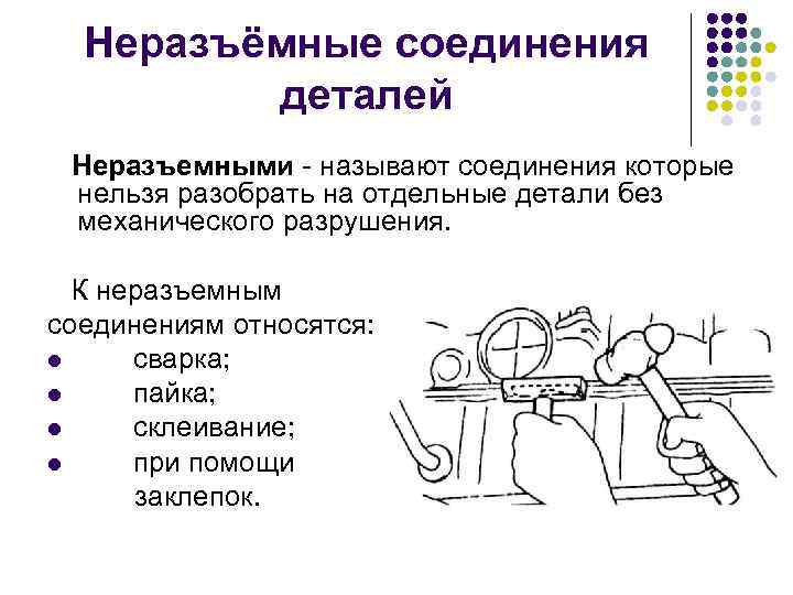Неразъёмные соединения деталей Неразъемными называют соединения которые нельзя разобрать на отдельные детали без механического