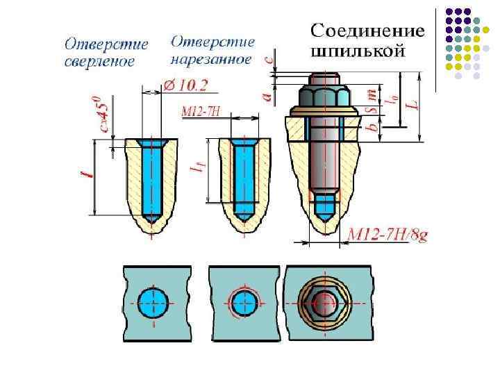 Разработал дырочку. Неразъемное соединение болтовое шпилечное. Сверленое гнездо под шпильку м16. Инж Граф соединение шпилькой. Неразъемные соединения Инженерная Графика.